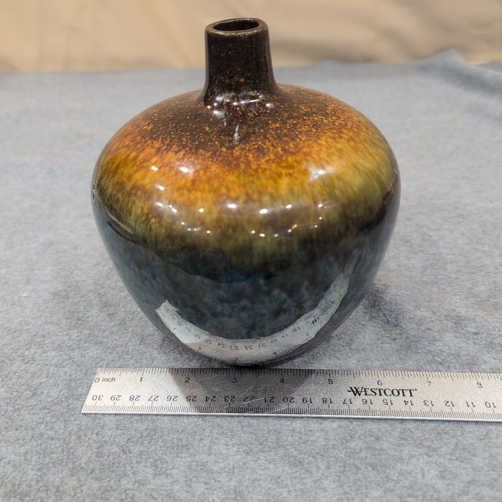 Unattributed Studio Pottery Vase Hand Thrown Stoneware Brown Blue Drip Glaze - Picture 6 of 7